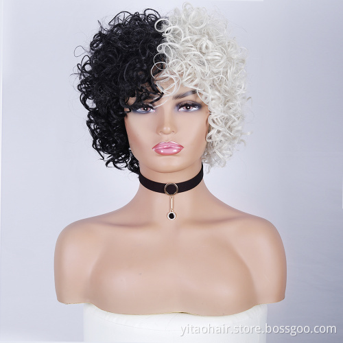 Wholesale Golden and Black Wigs Short Kinky Curly Synthetic Women's Hair Two-Color Half-Black Half-Gold Wig Cosplay Party